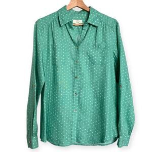 Charter Club 100% Linen Green Polka Dot Roll Tab Sleeve Button Down Women's S
